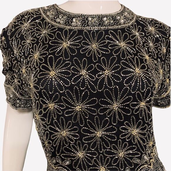 PAPELL Boutique Evening Solid Beaded 100% Silk Top with Scalloped Heim Large - Picture 3 of 8